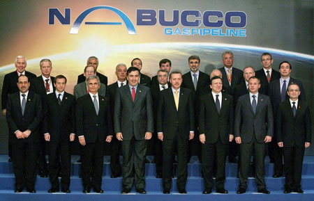 FromL, front row) Iraqi Prime Minister Nuri al-Maliki, Hungarian Prime Minister Gordon Bajnai, Austrian Chancellor Werner Faymann, Georgia's President Mikheil Saakashvili, Turkey's Prime Minister Recep Tayyip Erdogan, European Commission President Jose Manuel Barroso, Bulgarian Prime Minister Sergei Stanishev and Romania's Prime Minister Emil Boc pose for a family picture on July 13, 2009 after the signing ceremony of the Nabucco Intergovernmental Agreement in Ankara. A landmark agreement for a major pipeline to supply gas to Europe via Turkey has boosted hopes in Ankara that the project will strengthen the country's struggling bid to join the European Union.